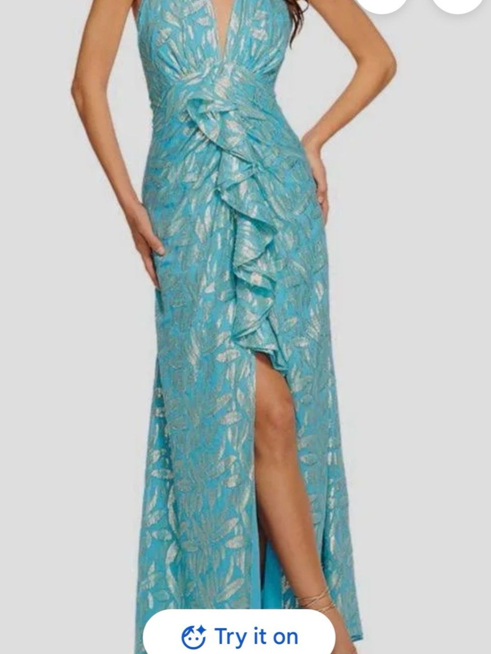 Ramy Brook Aqua Metallic Ruffle High-Low Gown